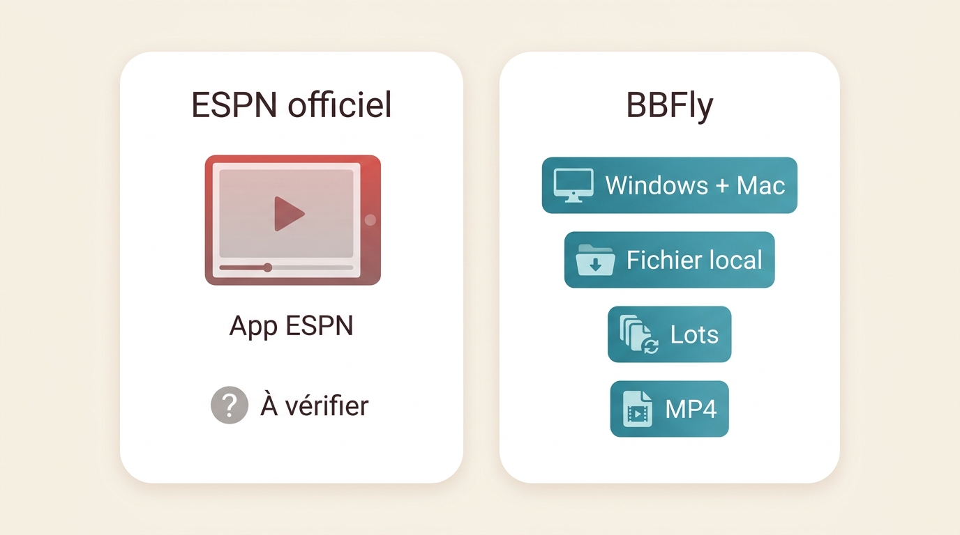 Comparaison entre ESPN officiel et BBFly : appareils, fichier local, formats et téléchargement par l