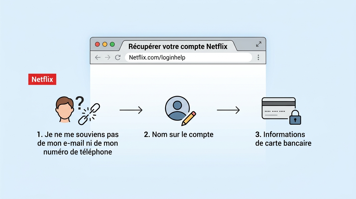 Parcours Netflix pour retrouver un compte avec les informations de carte bancaire.