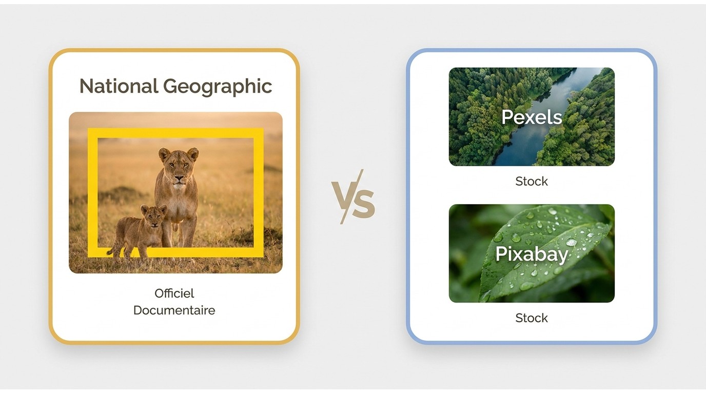 Différence entre une vidéo National Geographic officielle et des séquences Pexels ou Pixabay.