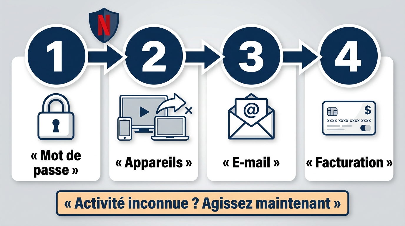 Étapes Netflix pour sécuriser le mot de passe, les appareils, l’e-mail et la facturation.