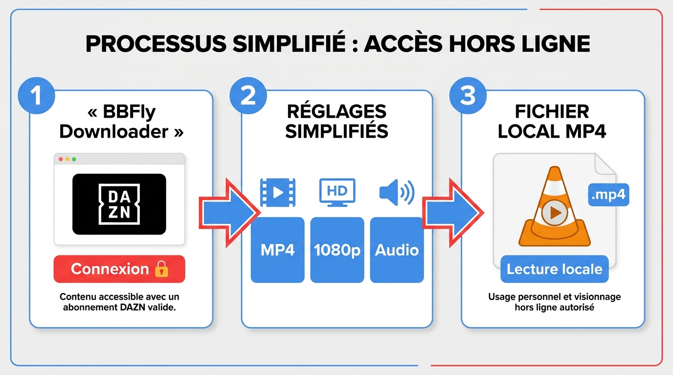 Parcours BBFly avec DAZN, réglages MP4 et vérification du fichier dans VLC.