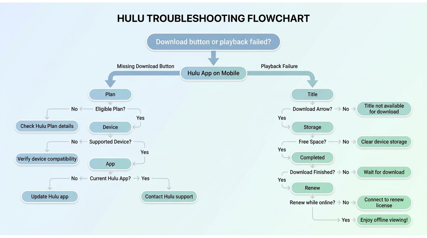 Hulu download troubleshooting path for missing buttons and playback failures