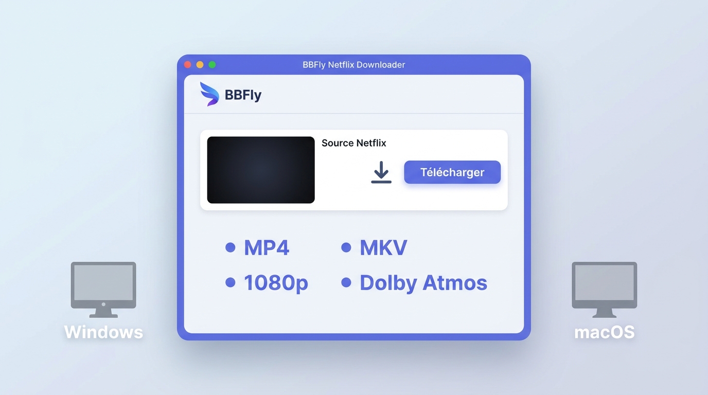 Interface BBFly Netflix Downloader avec formats MP4 et MKV, qualité 1080p et options audio.