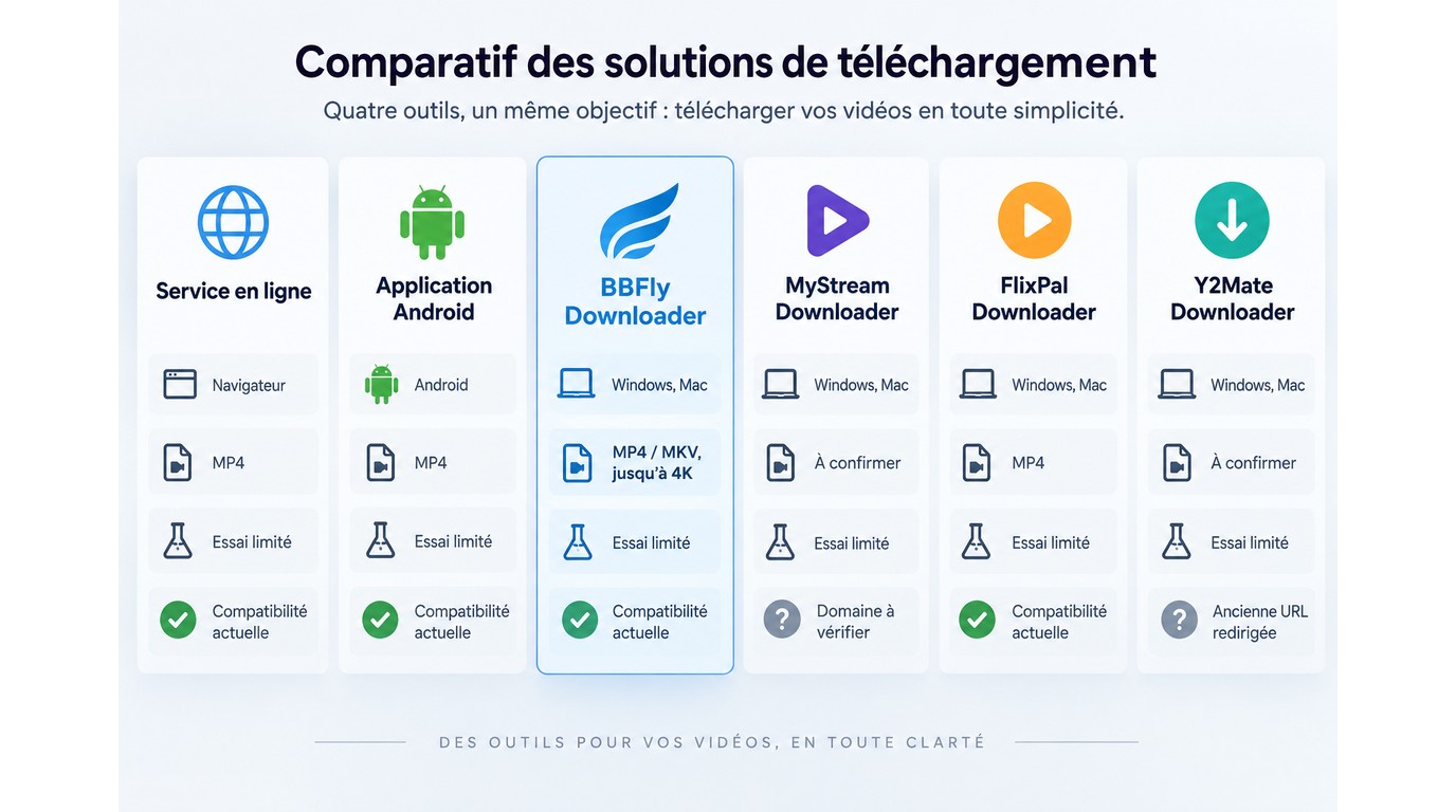 Comparaison de BBFly, MyStream, FlixPal et Y2Mate selon formats et limites