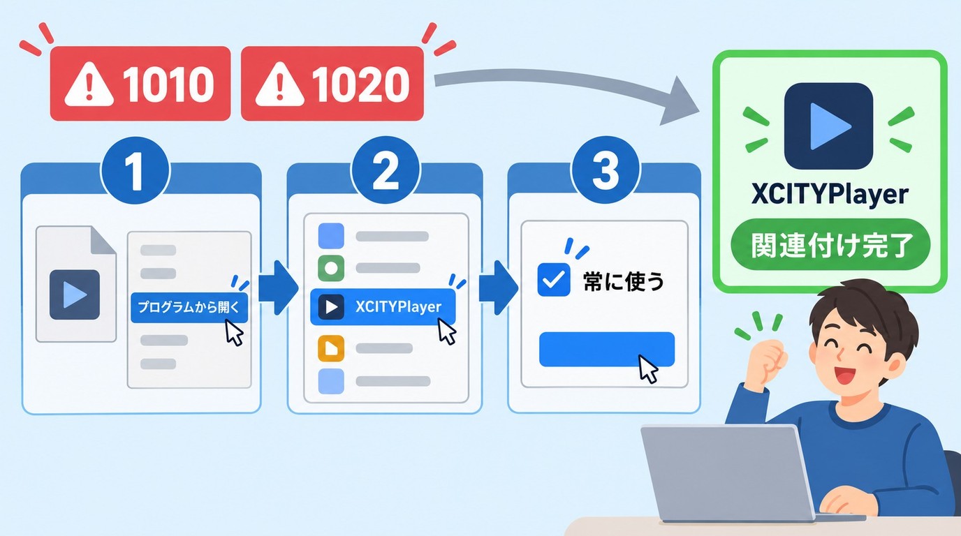 WindowsでXCITYPlayerを選びエラー1010と1020を解消する関連付け手順