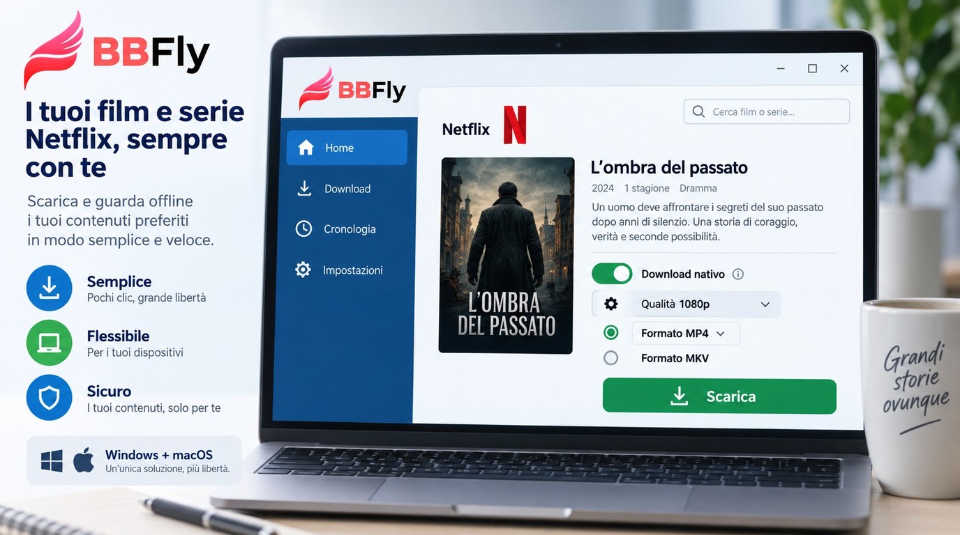 Interfaccia BBFly per scaricare da Netflix in MP4 o MKV fino a 1080p su Windows e macOS.