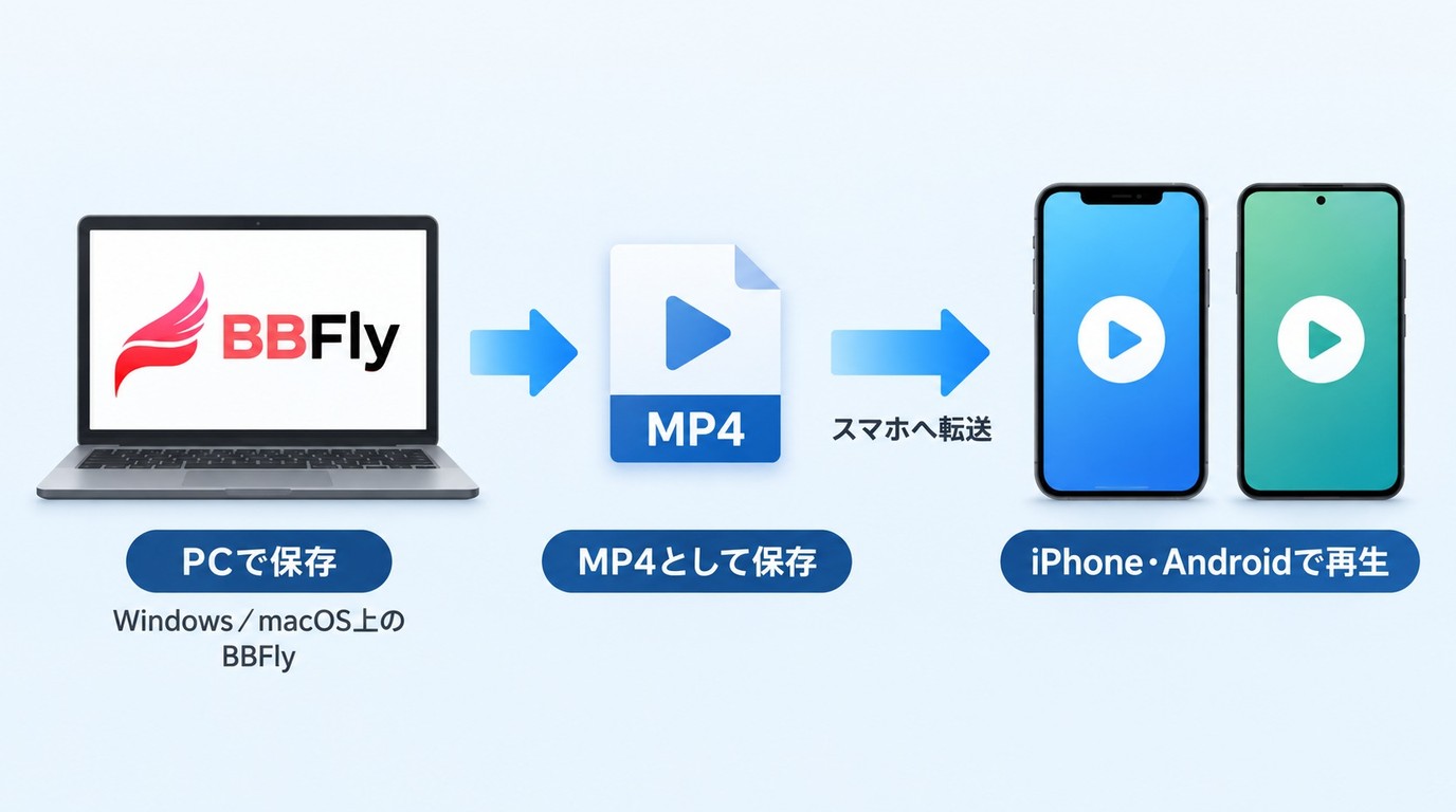 BBFlyはPCで保存し、MP4をiPhoneとAndroidへ転送して再生する流れ