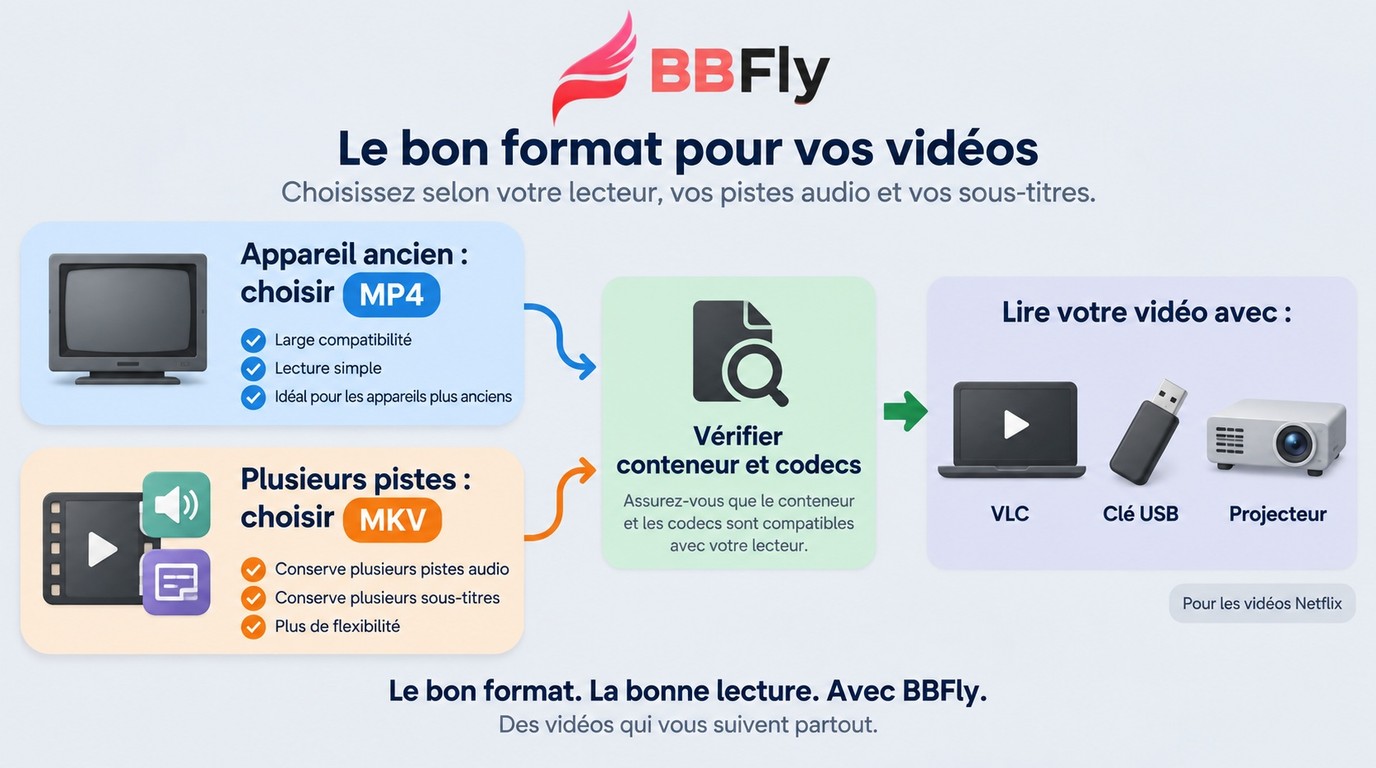 Choix entre MP4 et MKV selon le lecteur, les pistes audio et les sous-titres.