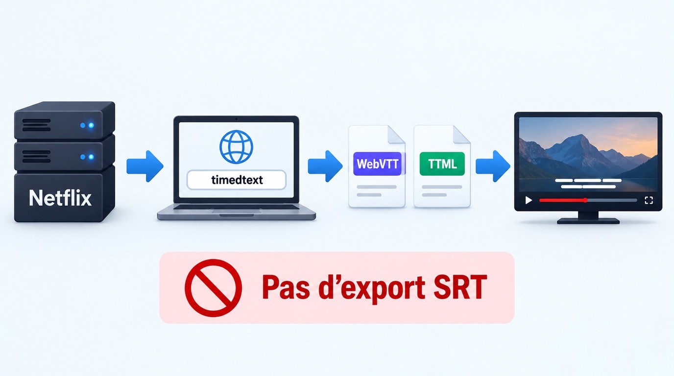 Flux Netflix du lecteur vers WebVTT ou TTML, sans option officielle d'export SRT.