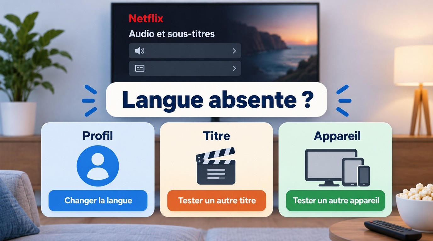 Diagnostic Netflix pour retrouver une langue absente selon le profil, le titre et l'appareil.