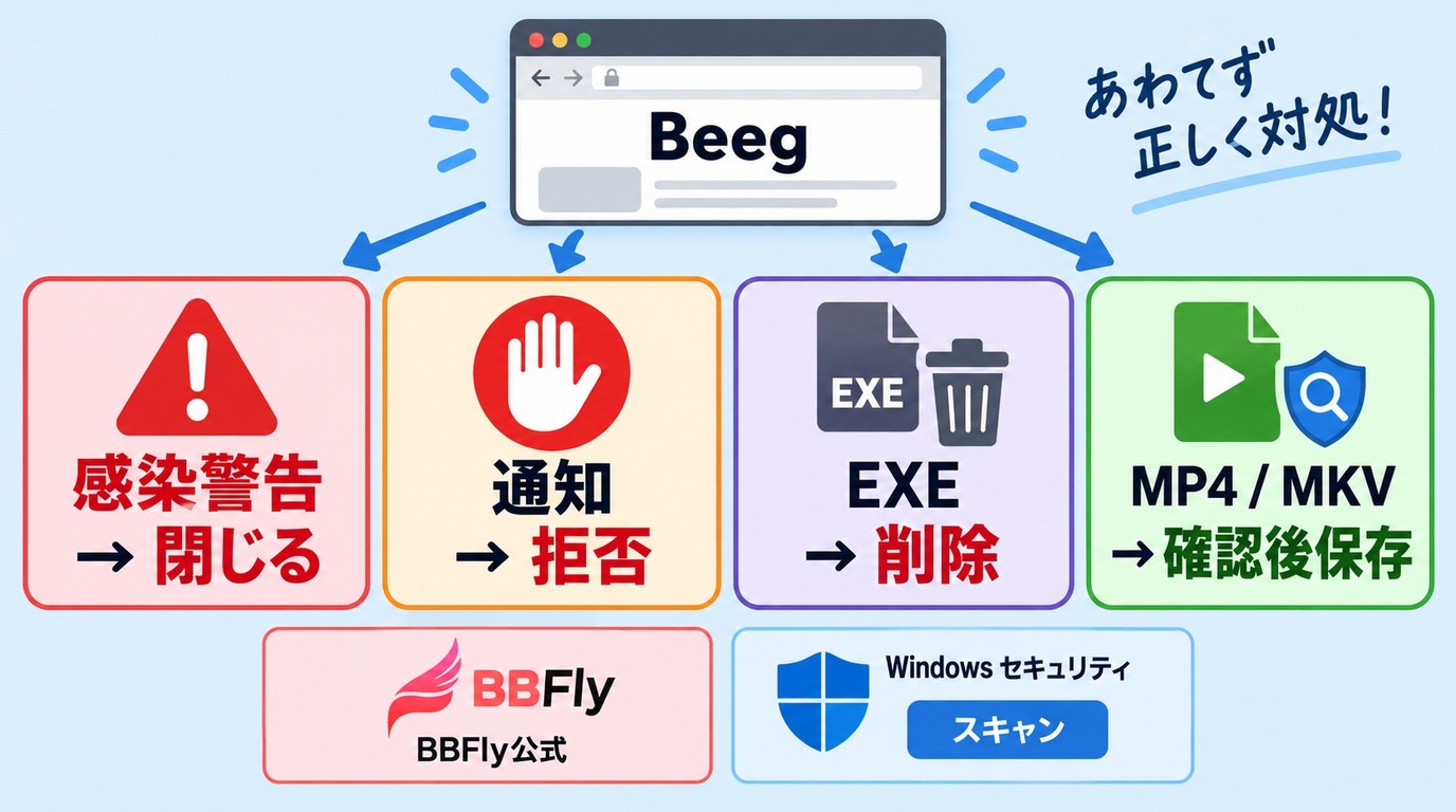 Beeg保存時の偽警告、通知許可、実行ファイルを避ける安全確認手順