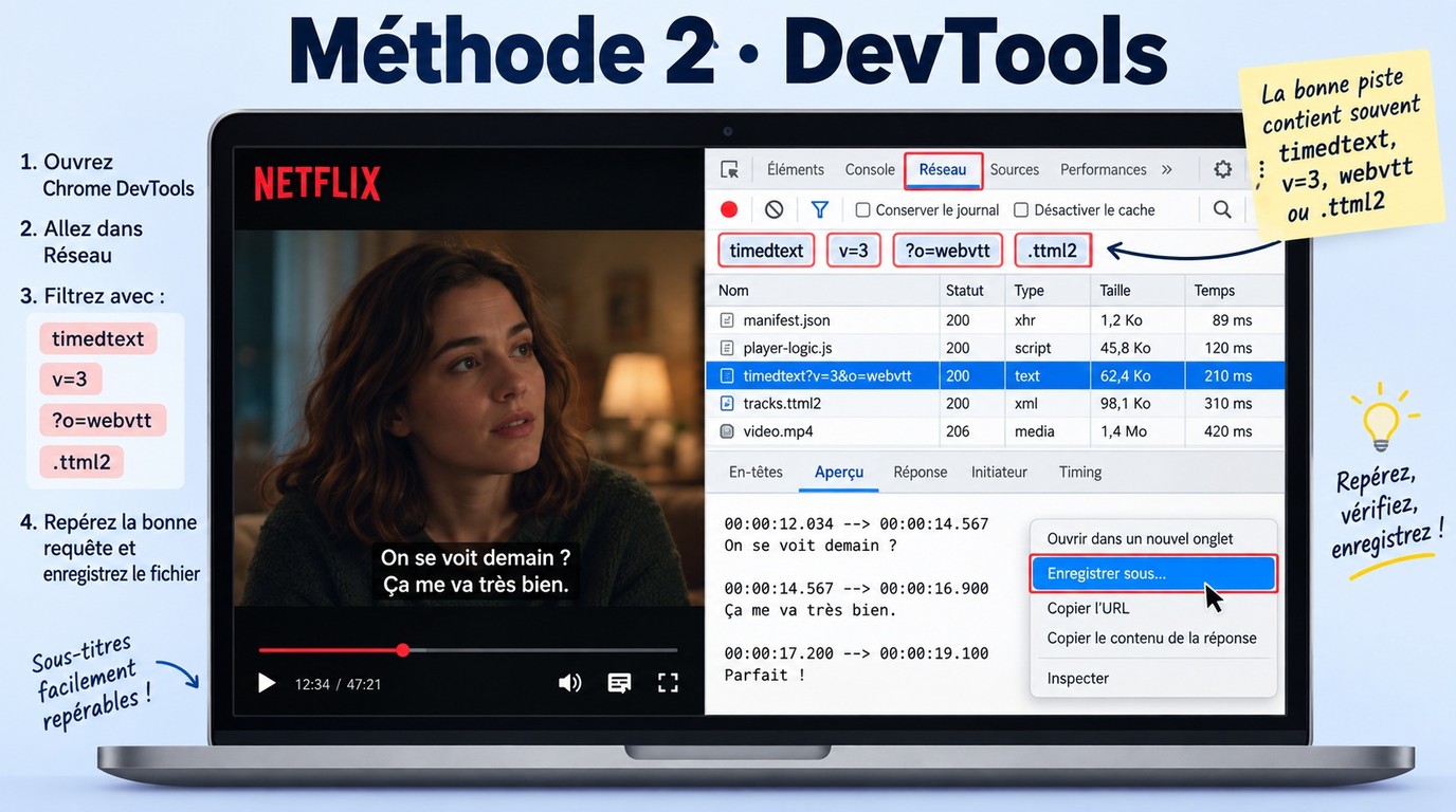 Requêtes Netflix timedtext dans Chrome DevTools pour récupérer une piste WebVTT ou TTML.