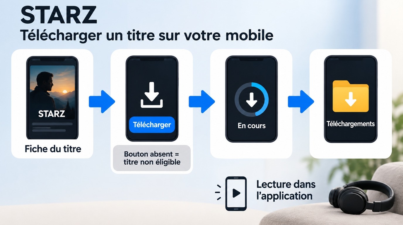 Parcours STARZ mobile pour télécharger un titre éligible et le retrouver hors ligne.