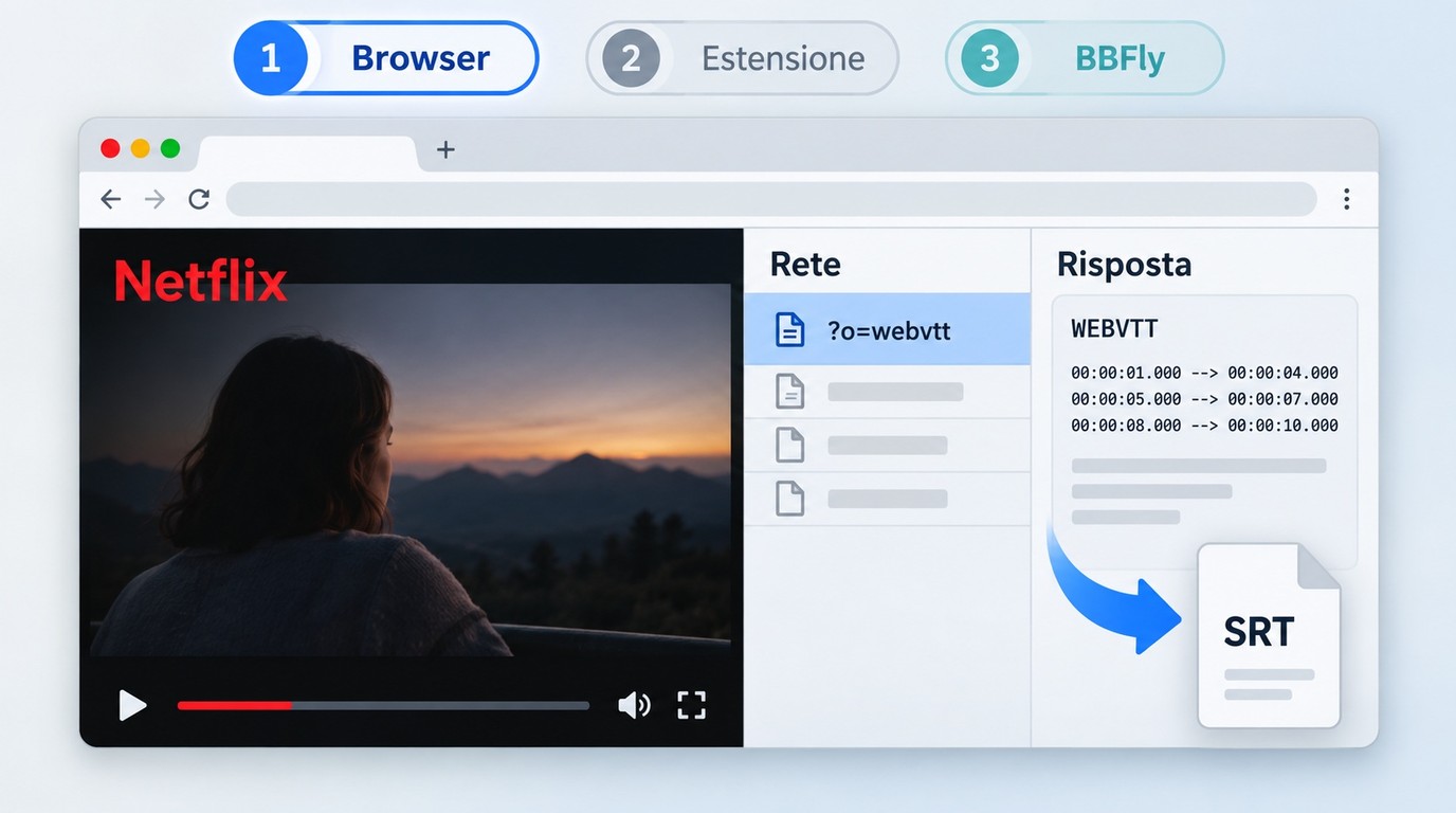 Richiesta WebVTT di Netflix filtrata nella scheda Rete e pronta per il salvataggio in SRT.
