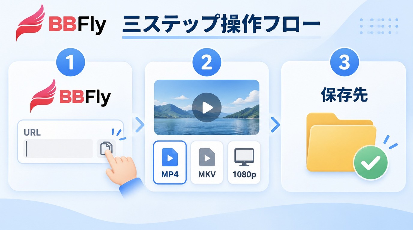 BBFlyでURLを貼り付け、MP4やMKVと1080pを選んで保存先を確認する手順