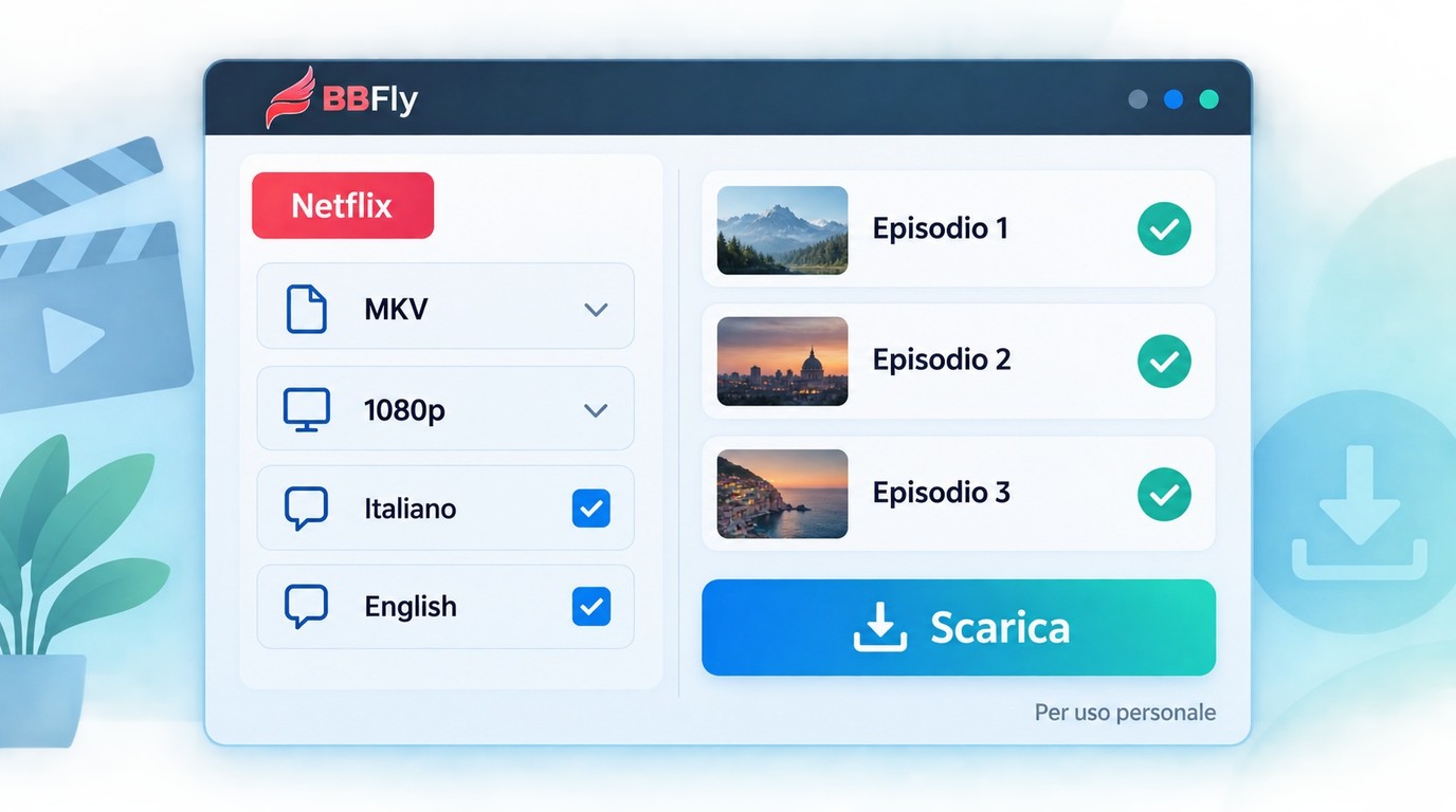 BBFly configurato per salvare episodi Netflix in MKV con tracce Italiano e English a 1080p.