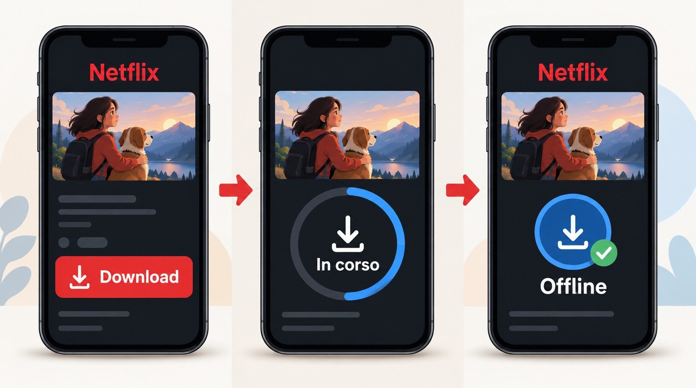 Passaggi nell'app Netflix per scaricare un titolo e verificarlo nella sezione Download.