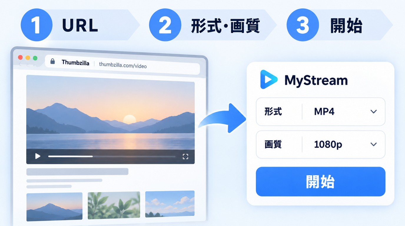 MyStreamでThumbzillaのURLを開き、形式と画質を確認して保存を始める画面