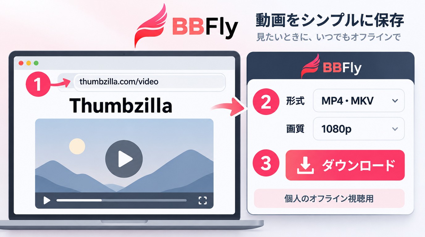 BBFlyでThumbzillaのURLを開き、MP4やMKVと画質を選んで保存する操作画面