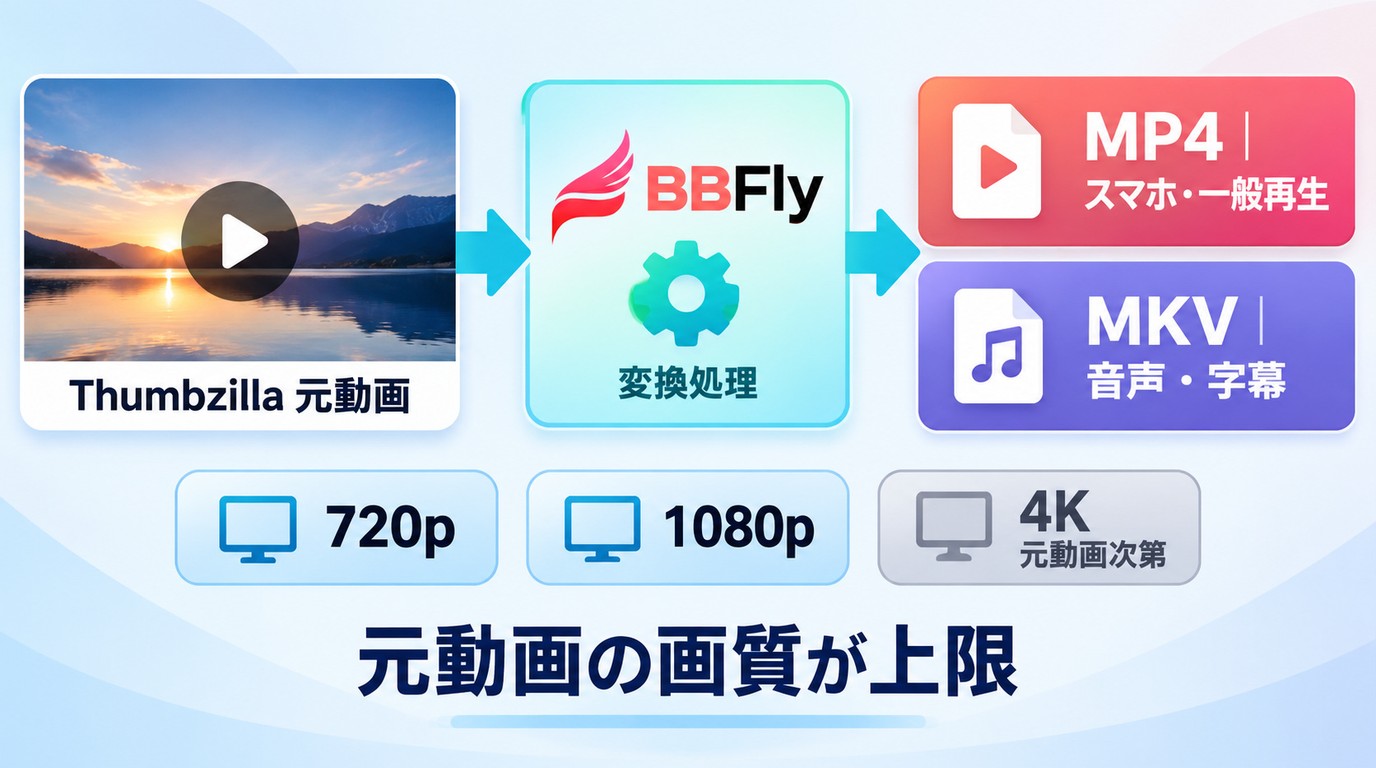 BBFlyでMP4とMKVを用途別に選び、画質はThumbzillaの元動画が上限になる仕組み
