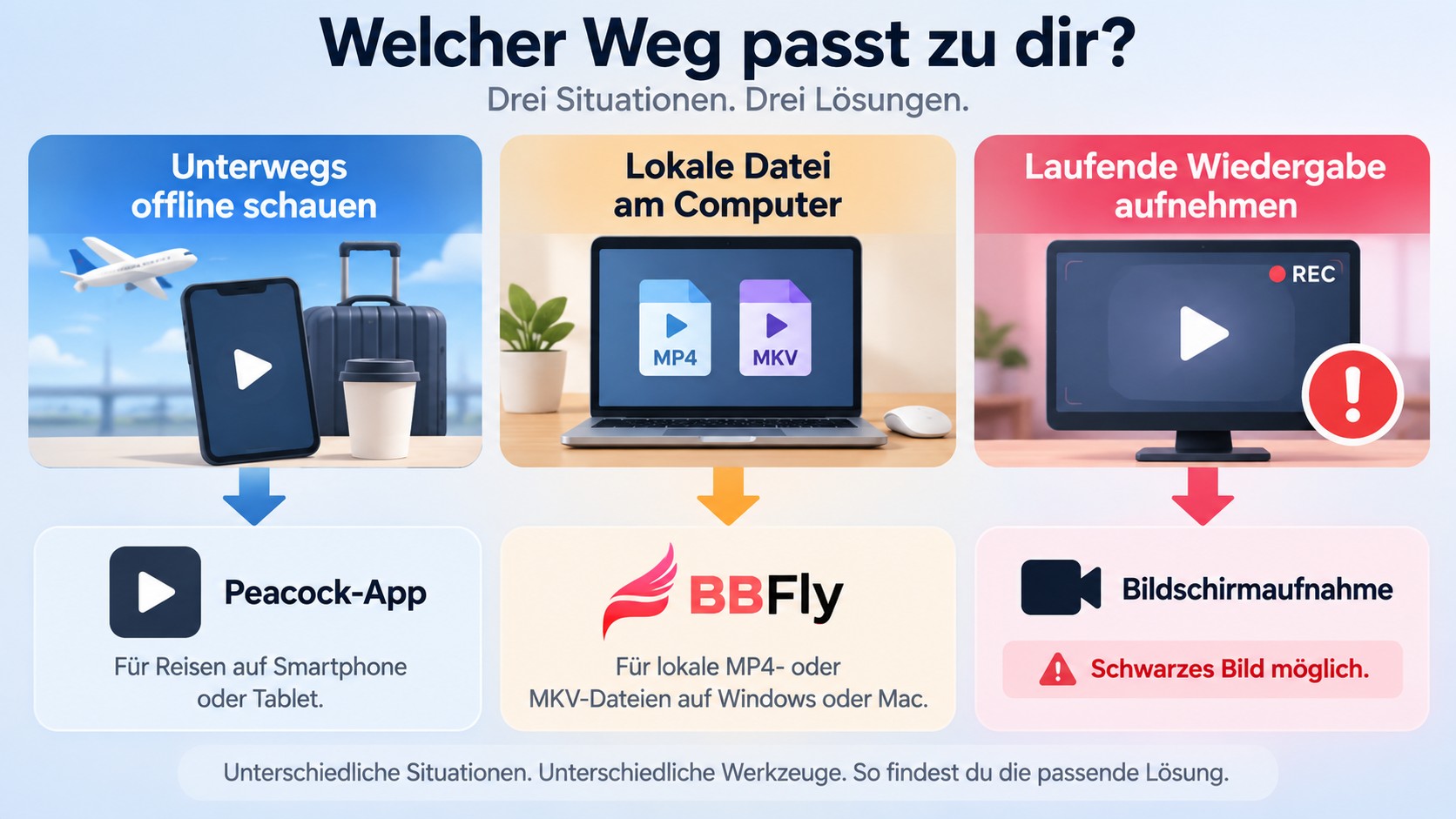 Auswahl zwischen Peacock-App, BBFly und Bildschirmaufnahme nach Gerät und Speicherziel.