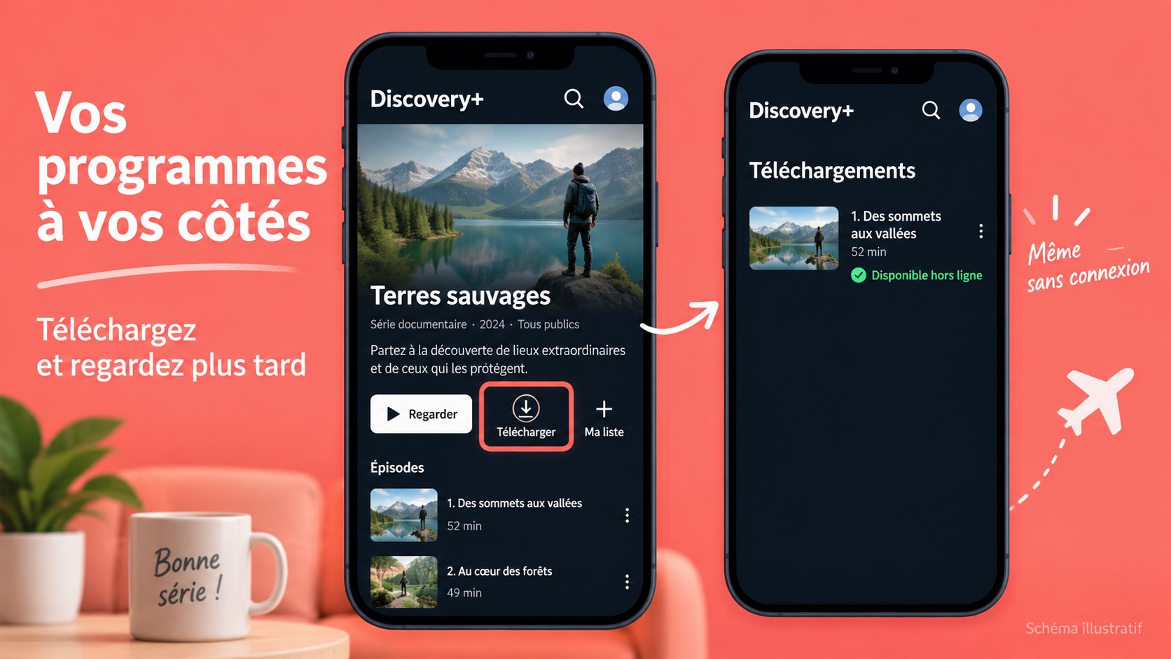 Commande Télécharger et espace Téléchargements dans l'application mobile Discovery+.