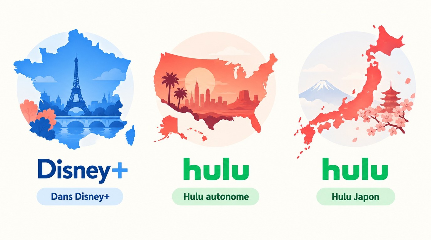 Différences entre Disney+ France, Hulu aux États-Unis et Hulu Japon.