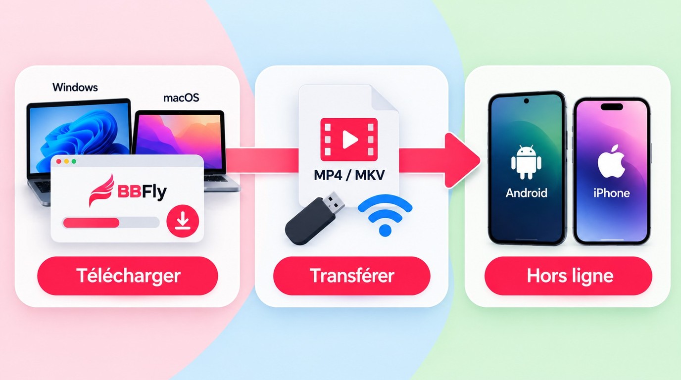 Parcours BBFly de Windows ou macOS vers Android ou iPhone pour une lecture hors ligne.