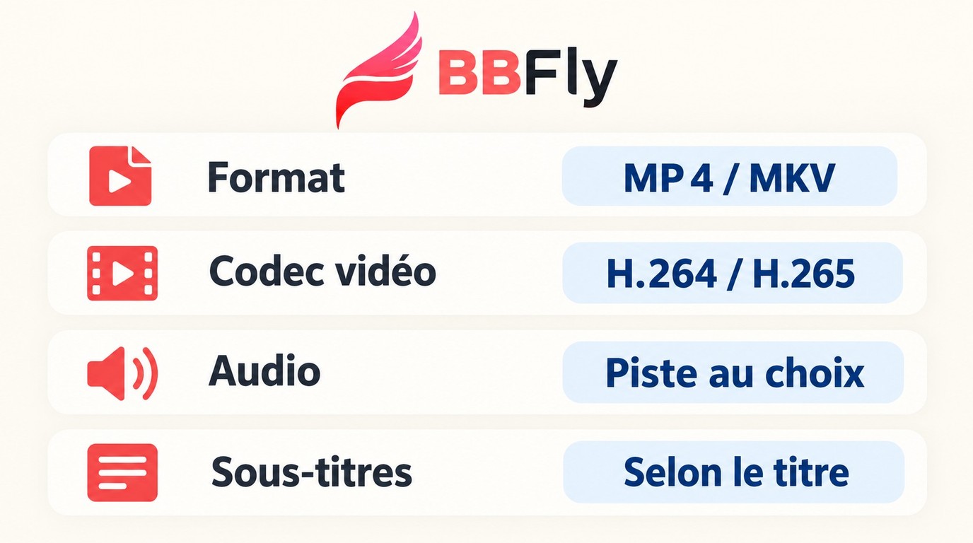 Réglages BBFly pour le format, le codec, l'audio et les sous-titres.