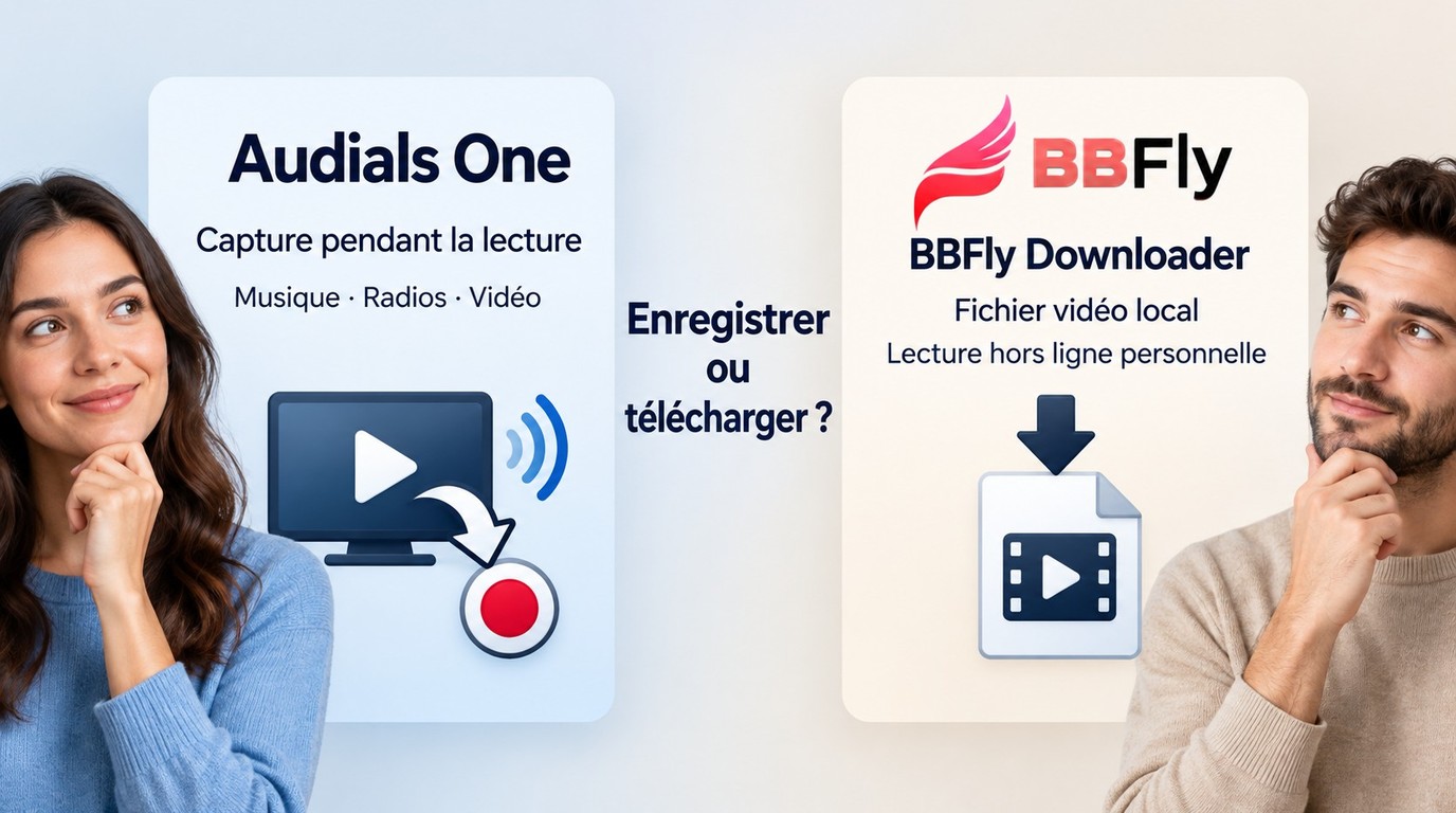 Choix entre Audials One pour enregistrer et BBFly Downloader pour télécharger