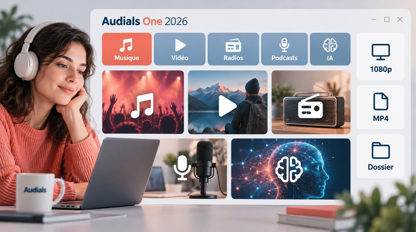 Interface Audials One 2026 regroupant musique, vidéo, radios, podcasts et IA
