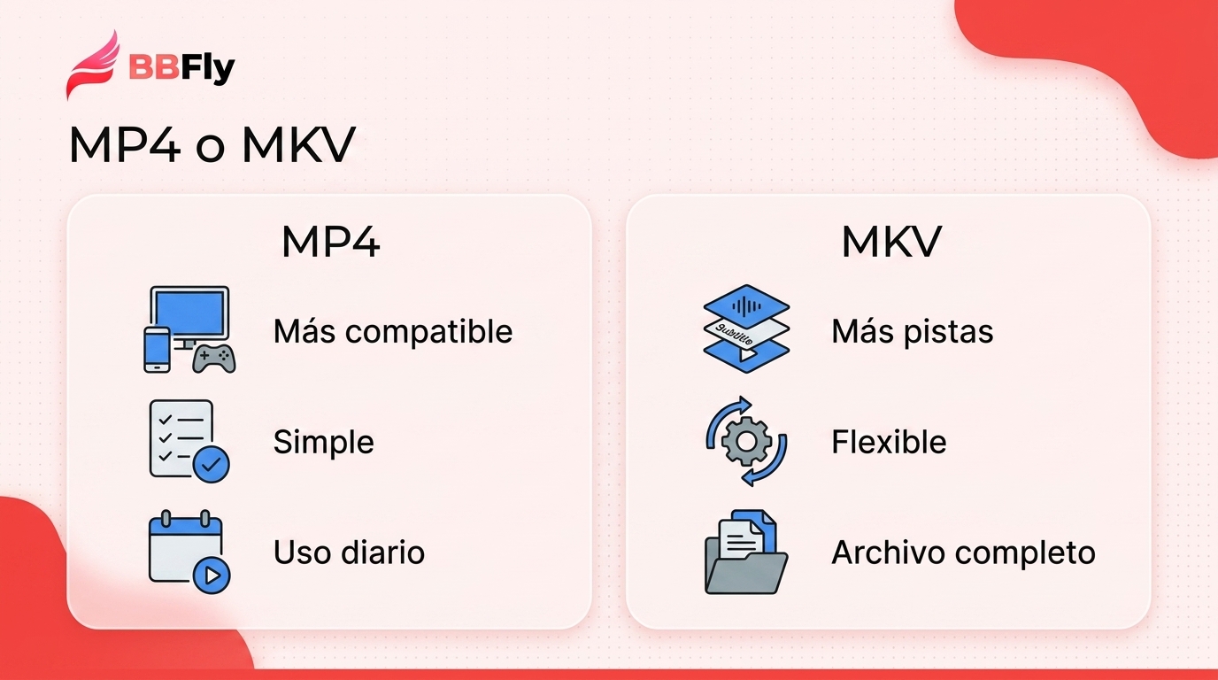 MP4 reduce fricción entre dispositivos; MKV es más flexible cuando necesita conservar varias pistas.