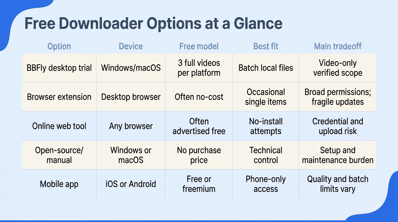 Comparison matrix of BBFly's desktop trial, browser extensions, web tools, manual methods, and mobil