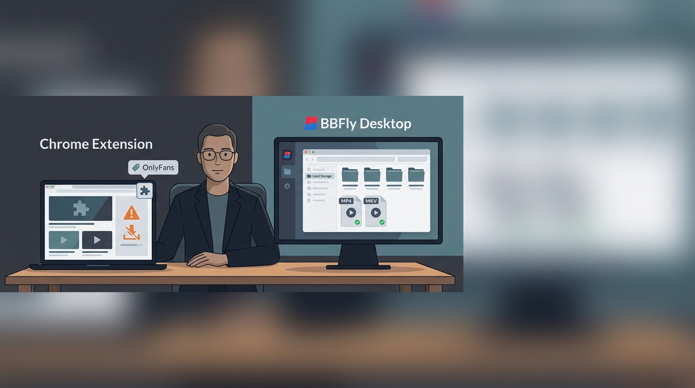 Editorial illustration of a generic browser extension warning beside an organized desktop folder of 