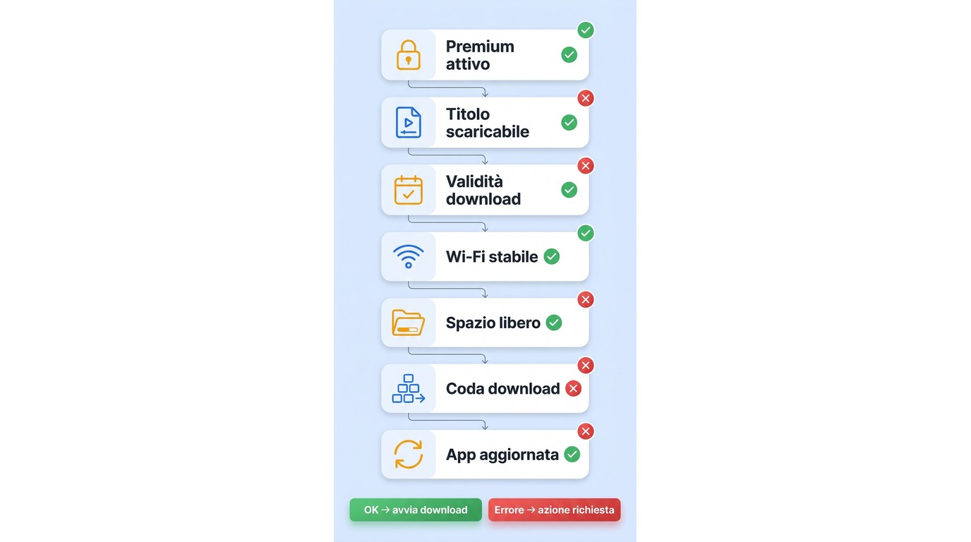 Diagramma di diagnosi per i download ITVX: Premium, licenza del titolo, scadenza, Wi-Fi, spazio, cod