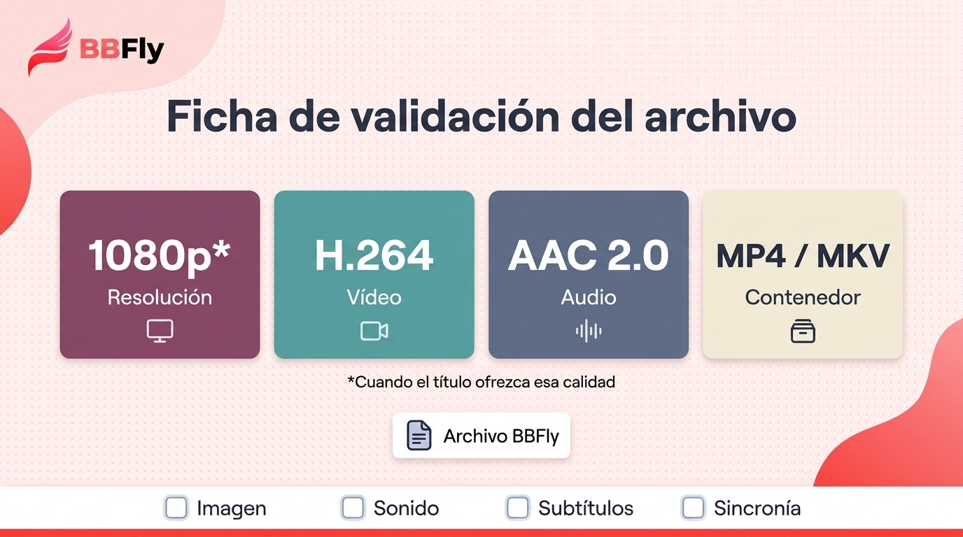 Ficha de datos en español para validar un archivo de muestra: hasta 1080p, vídeo H.264, audio AAC 2.