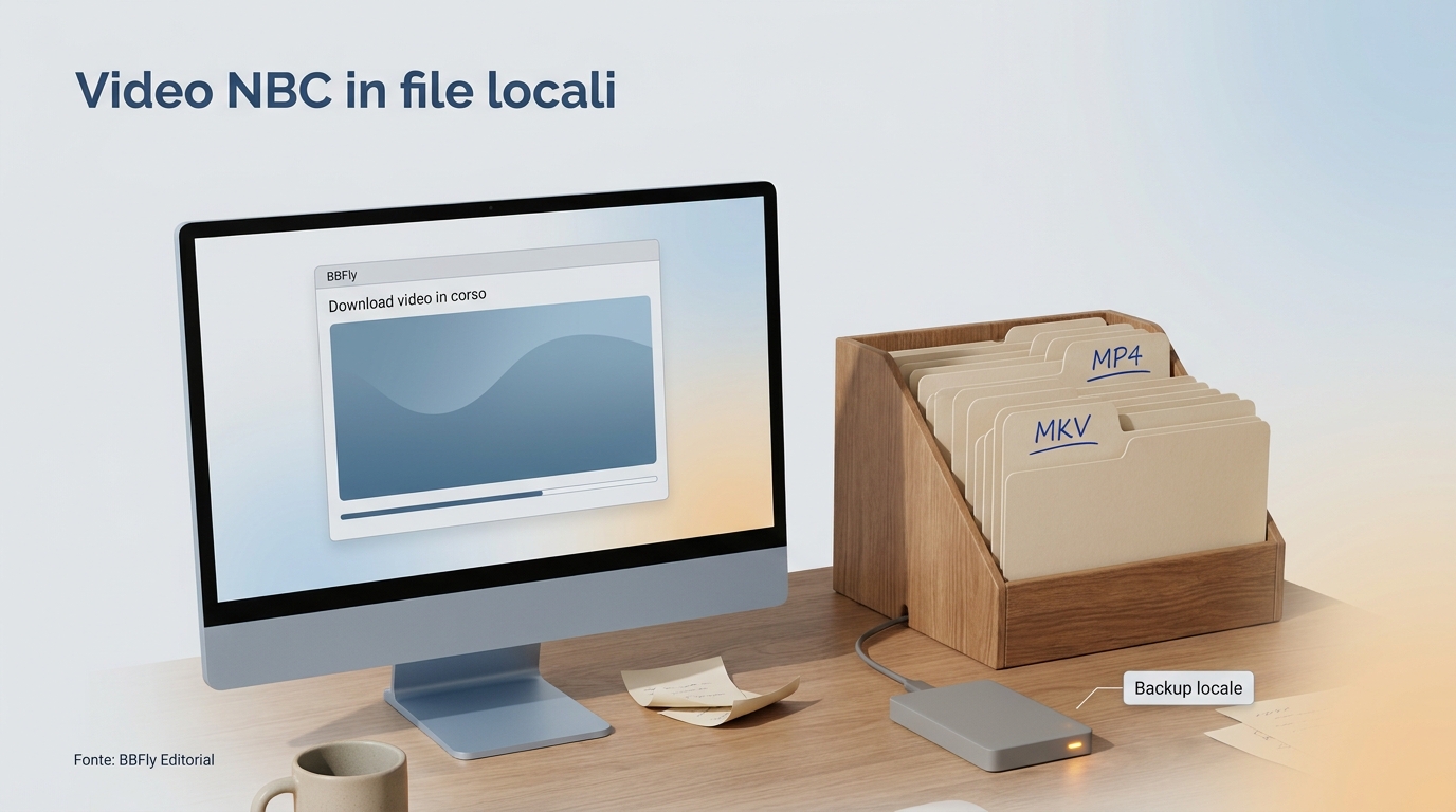 Postazione desktop con un video in streaming rappresentato in modo generico e file MP4 e MKV organiz